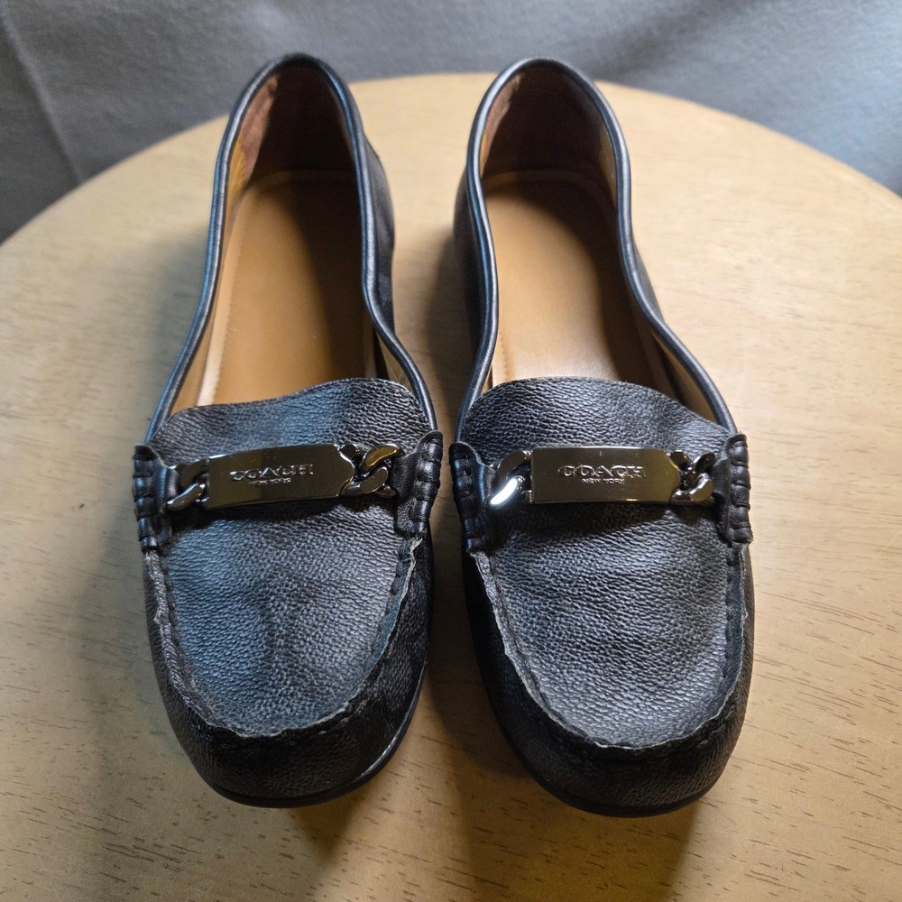 Coach Olive Signature Monogram Loafers Charcoal Black Logo Bar Driver Shoes 8B